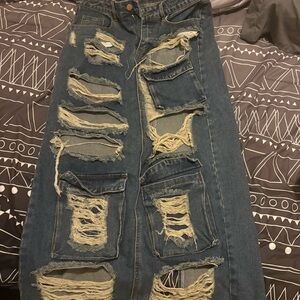 Fashion Nova Distressed Denim Maxi Skirt - Blue